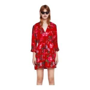 Zara red floral button front shirt dress womens medium blue tropical coconut